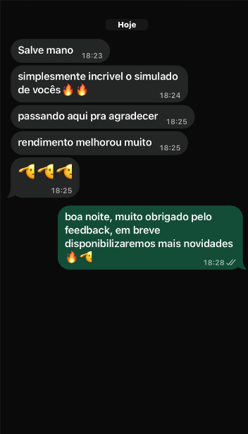 Print de cliente agradecendo pelos simulados e relatando melhora no rendimento.